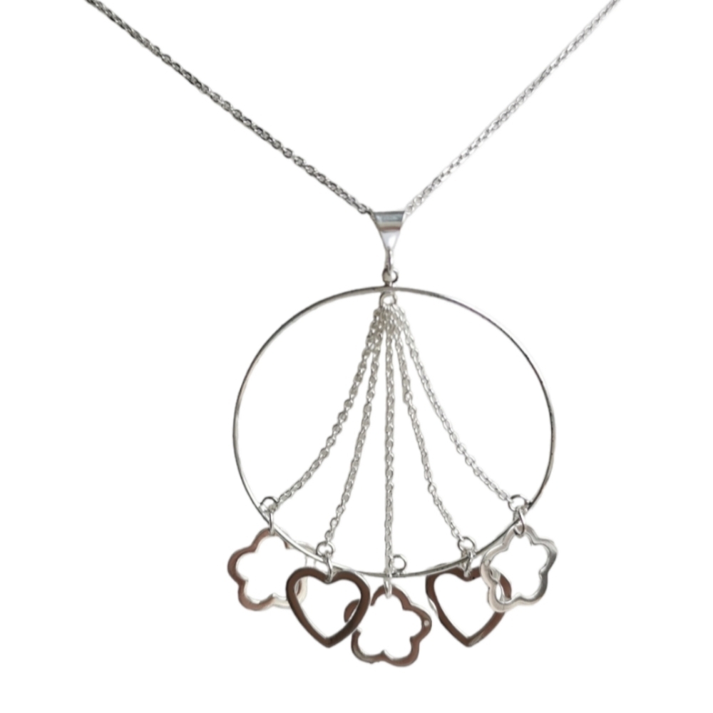Sterling Silver Medallion Pendant with heart and flower charms